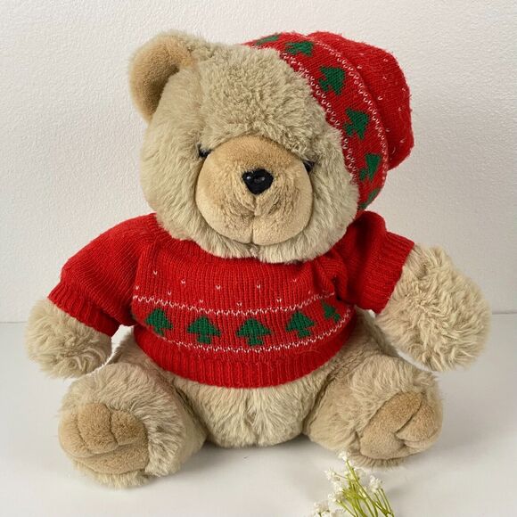 14" Vintage Tan CHRISTMAS TEDDY BEAR Stuffed Animal Plush Brown Windsor Toys Hat - Picture 7 of 11